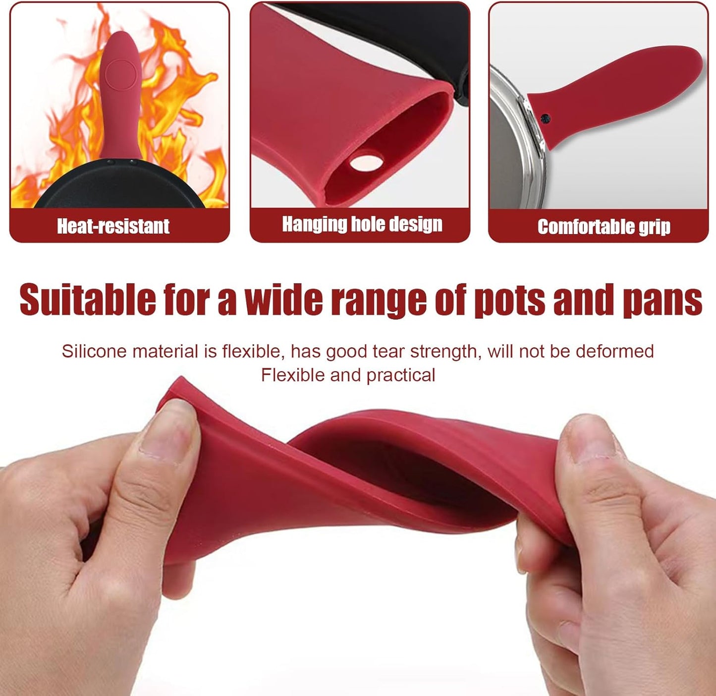 2 Pack Red Silicone Pan Handle Sleeves - Heat Resistant Skillet Handle Covers for Pots and Pans - Assist Handle Holder for Frying Griddles & Cookware