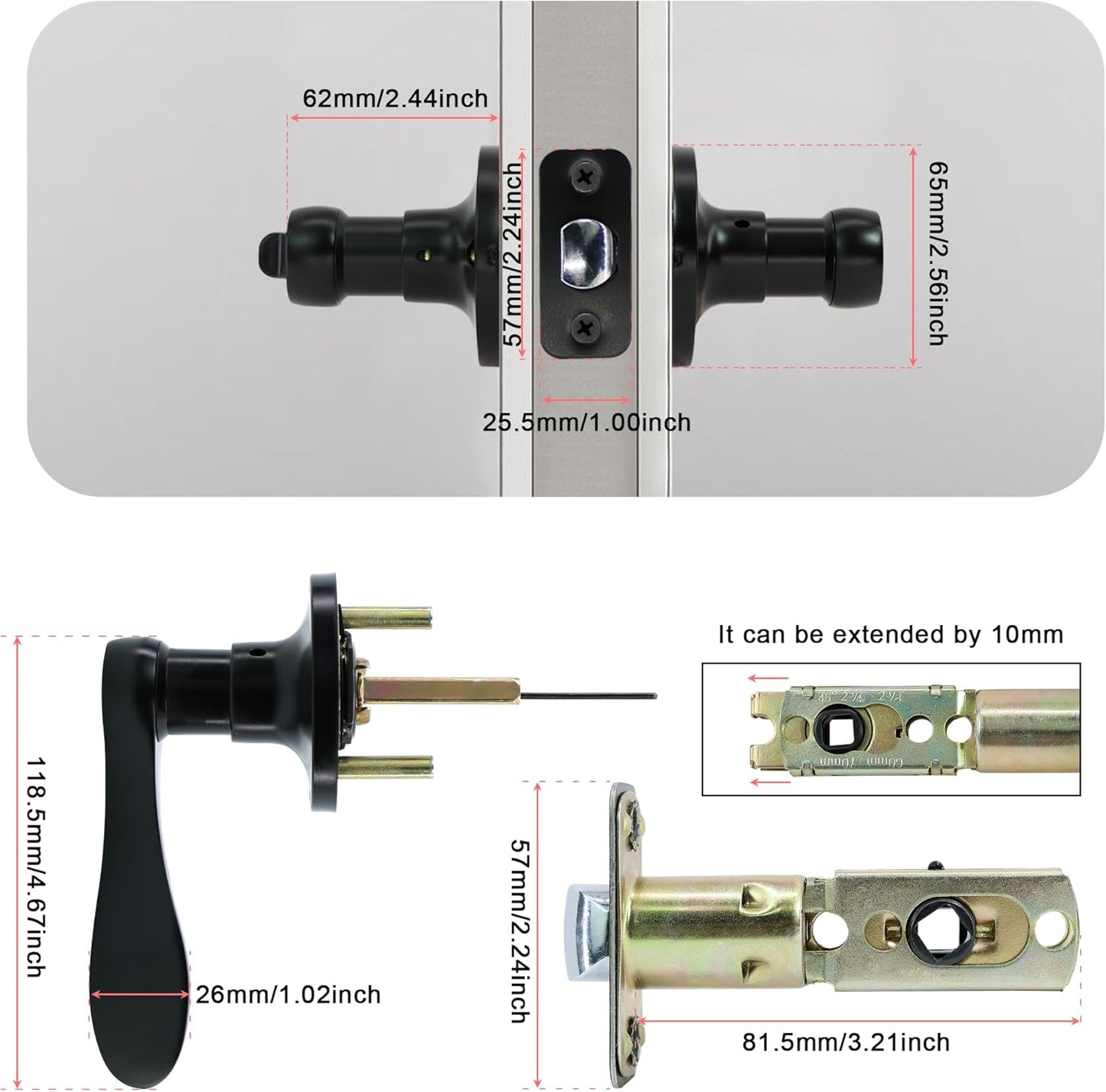 2 Pack Redunest Matte Black Privacy Door Lever Handles - Heavy Duty Reversible Wave Style Keyless Lock for Bathroom and Rooms