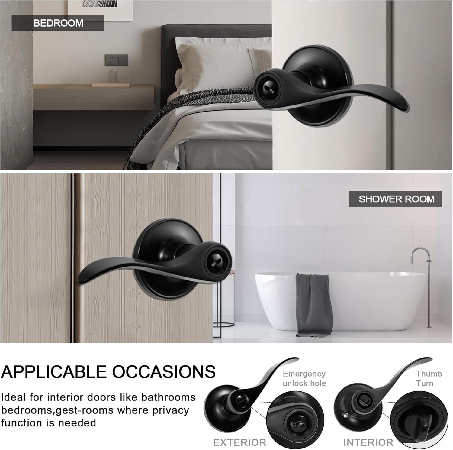 2 Pack Redunest Matte Black Privacy Door Lever Handles - Heavy Duty Reversible Wave Style Keyless Lock for Bathroom and Rooms