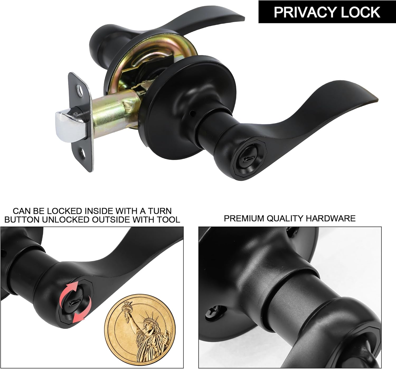 2 Pack Redunest Matte Black Privacy Door Lever Handles - Heavy Duty Reversible Wave Style Keyless Lock for Bathroom and Rooms