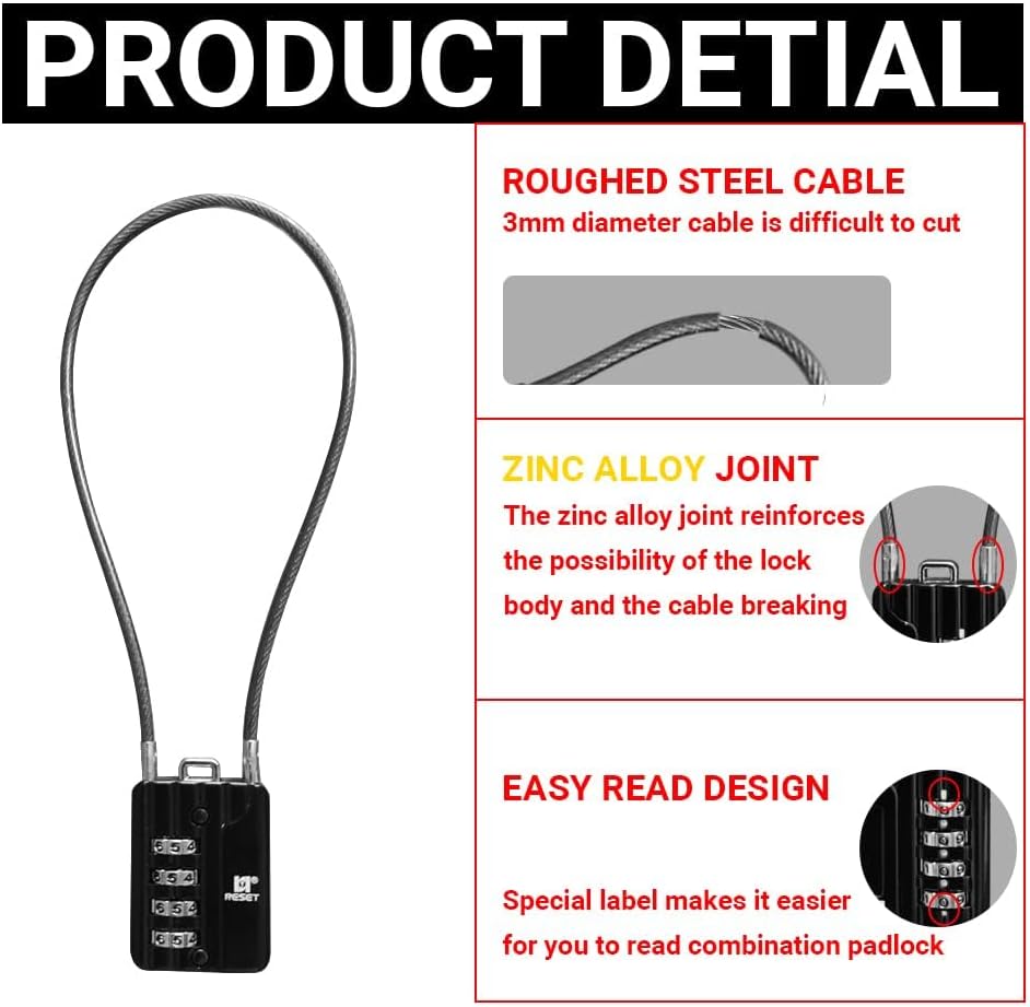 2 Pack RESET-200 Combination Padlock with 12" Steel Cable for Locker, Luggage, Gun Case - Black - WildKart