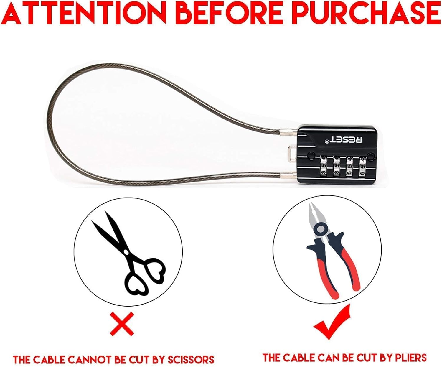 2 Pack RESET-200 Combination Padlock with 12" Steel Cable for Locker, Luggage, Gun Case - Black - WildKart