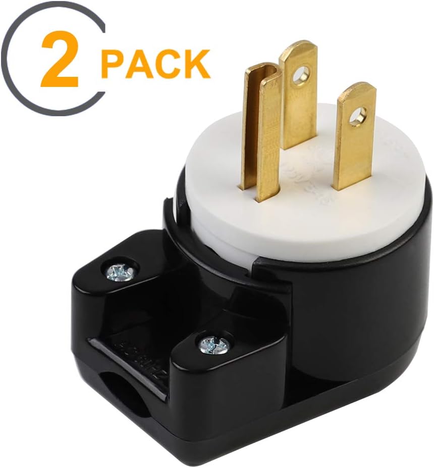 2-Pack Right Angle Nema 5-15P 15A 125V AC Plug, ETL Certified, 90 Degree Male DIY Rewirable AC Connector