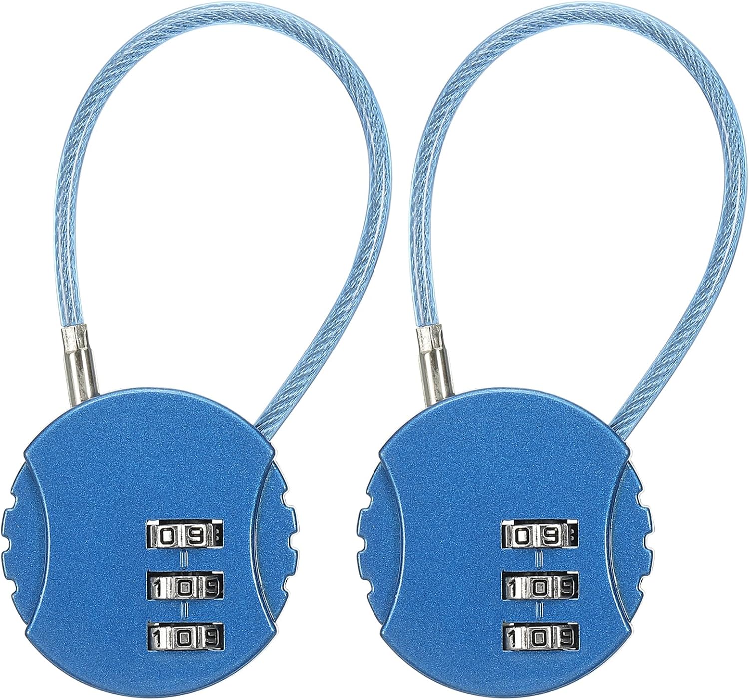 2 Pack Round Helmet Padlock Cable Lock with 3 Digit Combination for Bike Locker & Travel Luggage - Blue