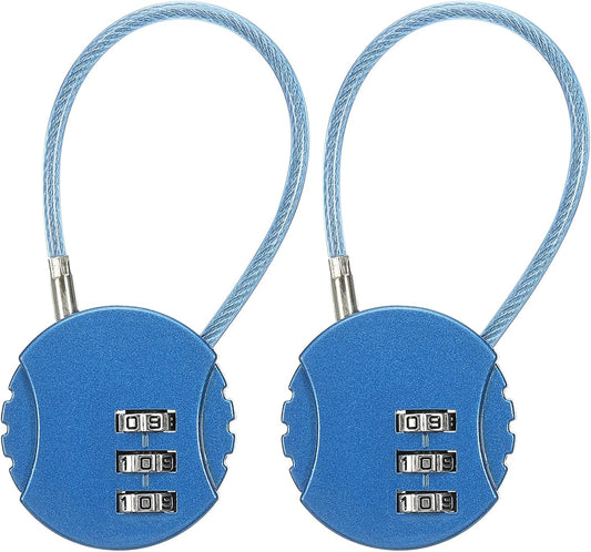 2 Pack Round Helmet Padlock Cable Lock with 3 Digit Combination for Bike Locker & Travel Luggage - Blue