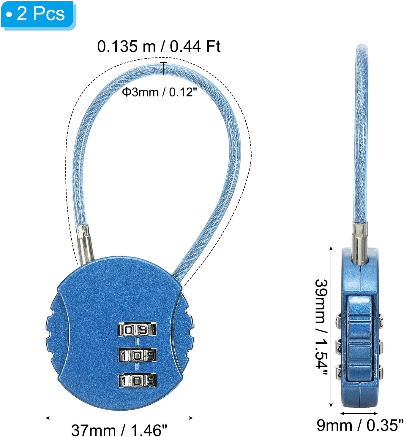2 Pack Round Helmet Padlock Cable Lock with 3 Digit Combination for Bike Locker & Travel Luggage - Blue