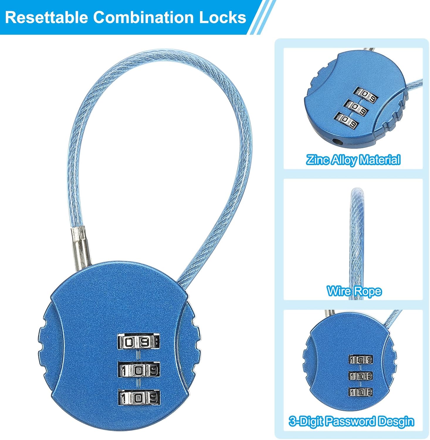 2 Pack Round Helmet Padlock Cable Lock with 3 Digit Combination for Bike Locker & Travel Luggage - Blue