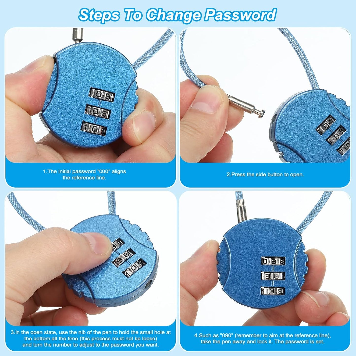 2 Pack Round Helmet Padlock Cable Lock with 3 Digit Combination for Bike Locker & Travel Luggage - Blue