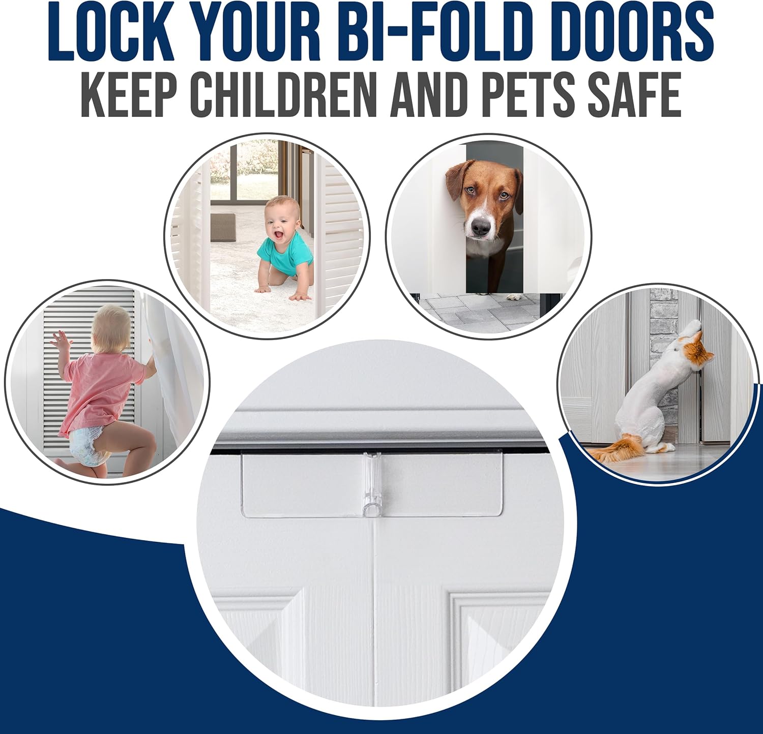 (2-Pack) Safety Innovations Bi-fold Door Lock - Child and Pet Proof - Tool-Free Installation - Unbreakable Clear Polycarbonate - Fits 1 3/8" Thick Wood Doors