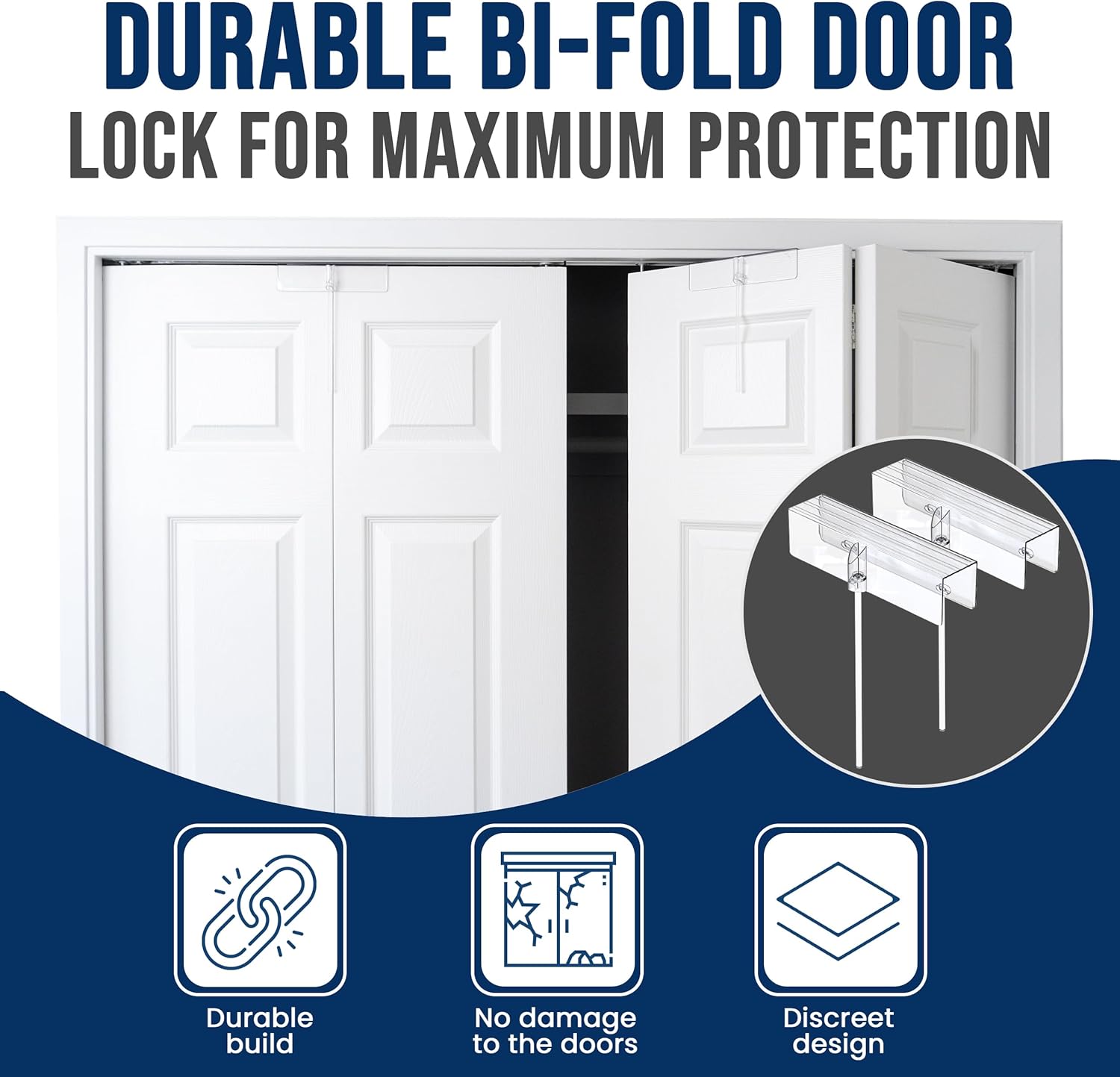 (2-Pack) Safety Innovations Bi-fold Door Lock - Child and Pet Proof - Tool-Free Installation - Unbreakable Clear Polycarbonate - Fits 1 3/8" Thick Wood Doors