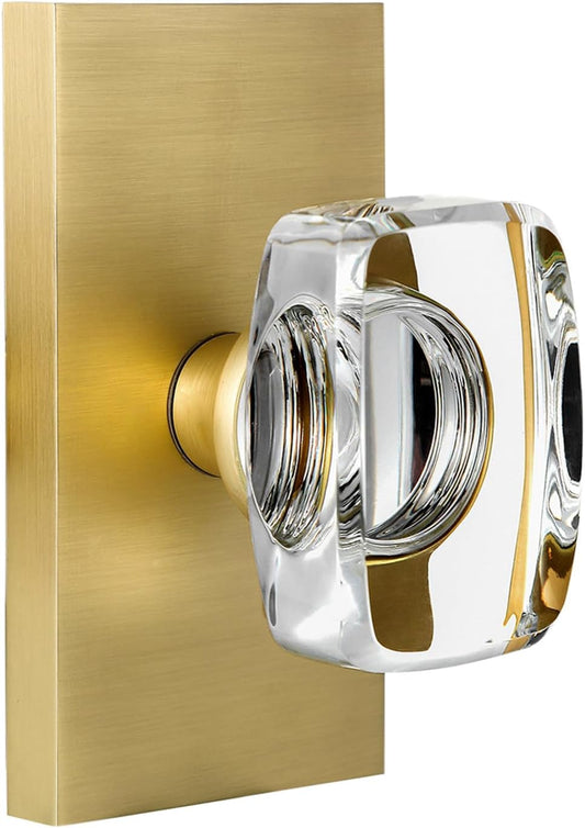 2 Pack Satin Brass Crystal Glass Dummy Door Knobs - Gold Closet Hall Rectangular Single Side Non-Turning Inactive Interior Knobs