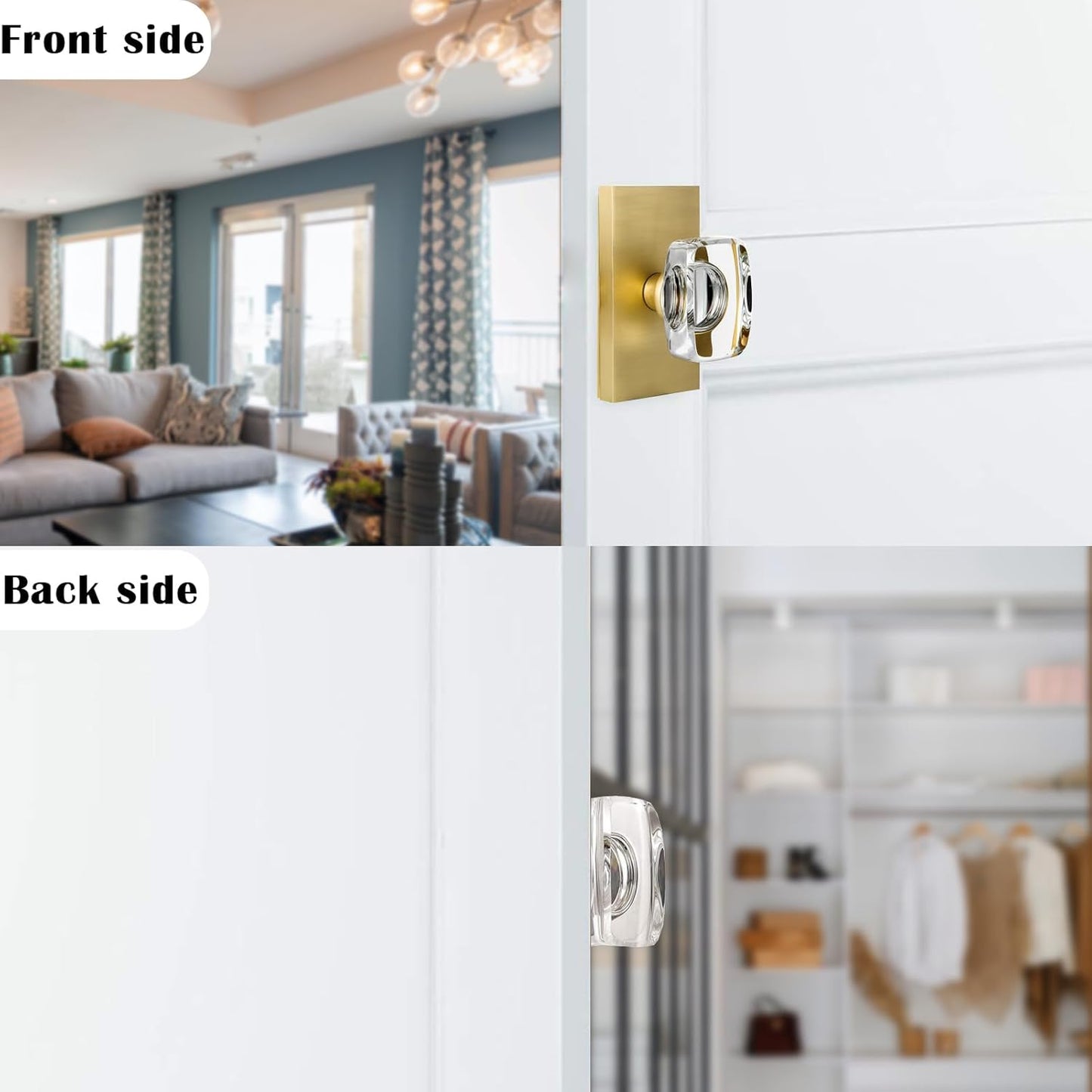 2 Pack Satin Brass Crystal Glass Dummy Door Knobs - Gold Closet Hall Rectangular Single Side Non-Turning Inactive Interior Knobs