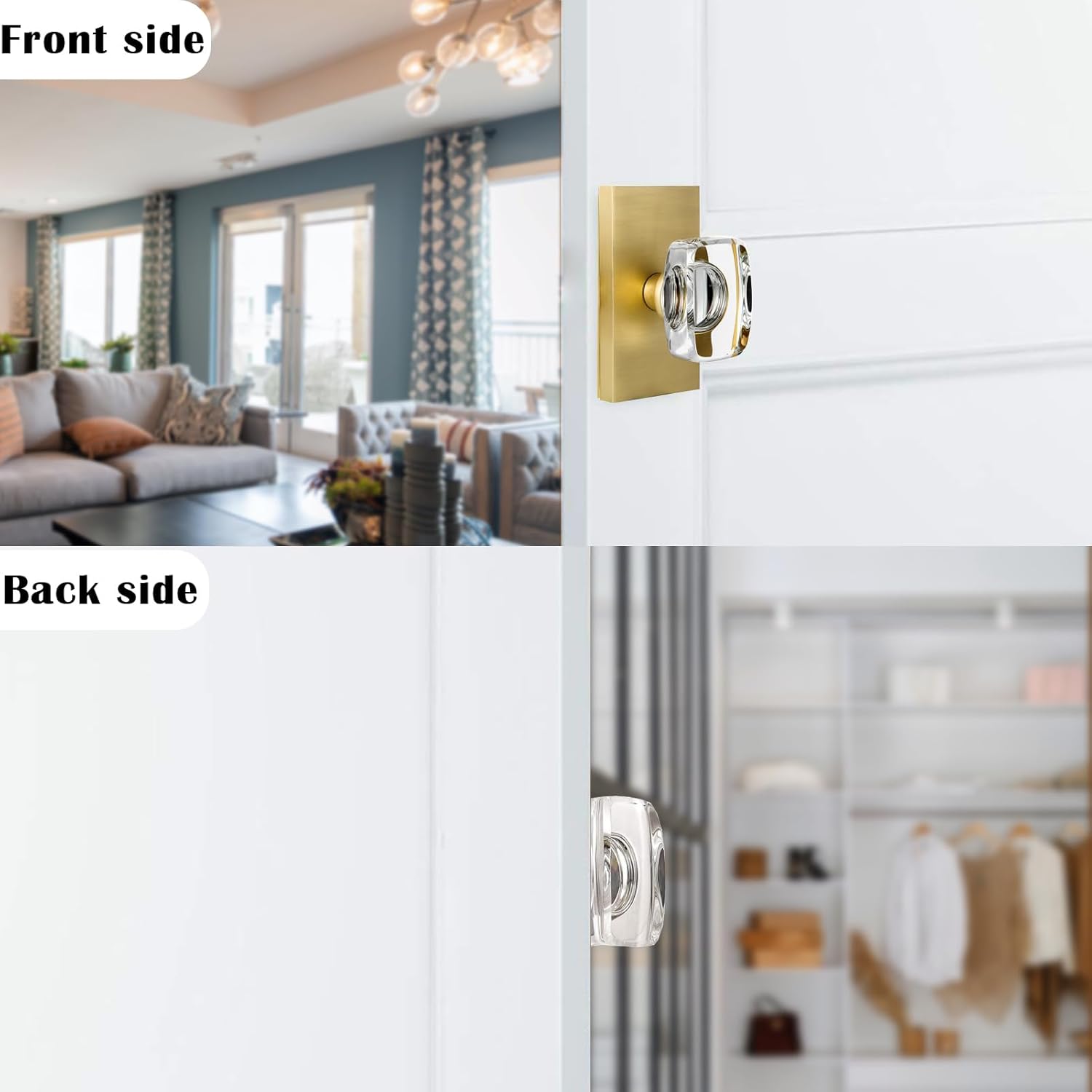 2 Pack Satin Brass Crystal Glass Dummy Door Knobs - Gold Closet Hall Rectangular Single Side Non-Turning Inactive Interior Knobs