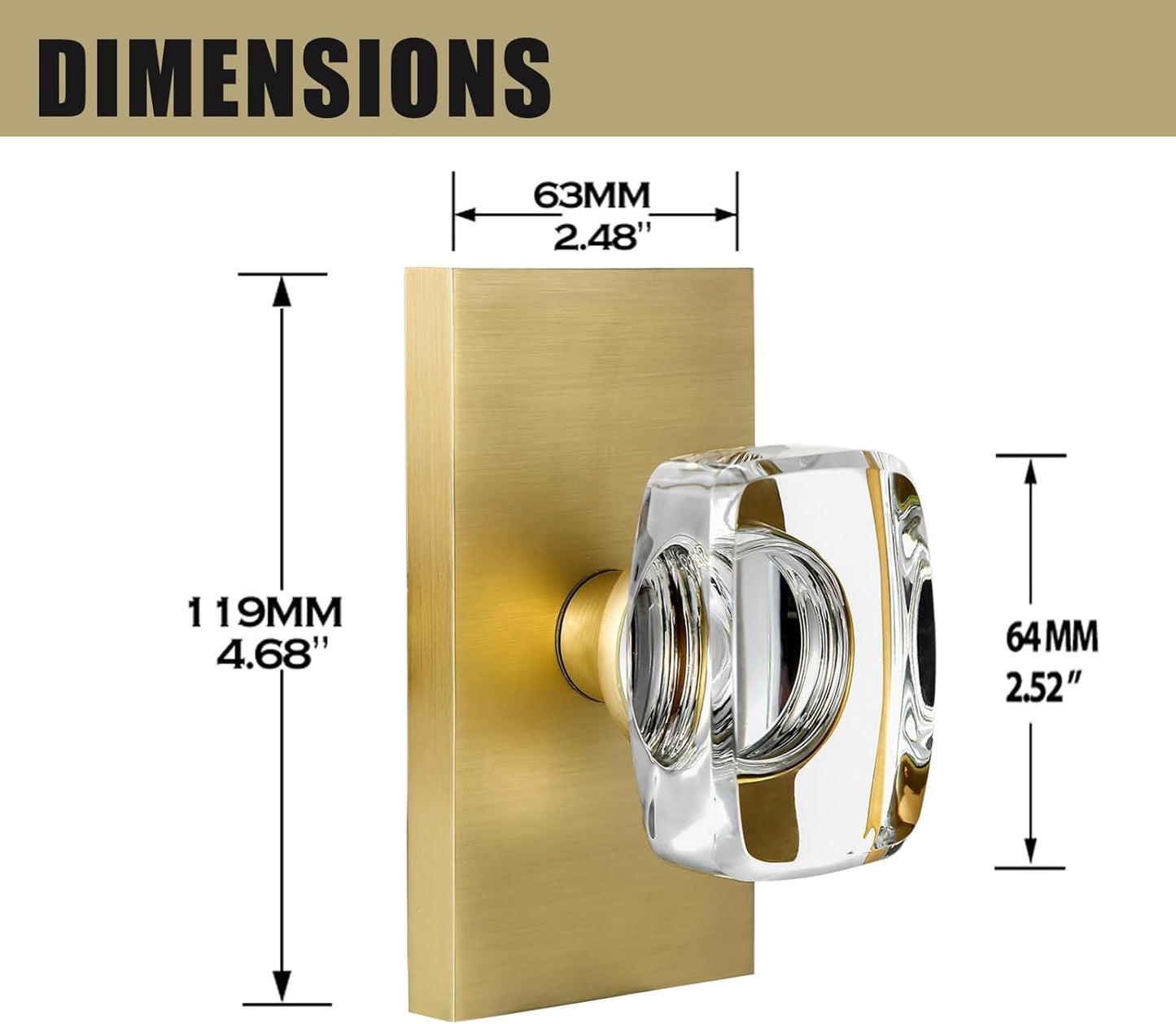 2 Pack Satin Brass Crystal Glass Dummy Door Knobs - Gold Closet Hall Rectangular Single Side Non-Turning Inactive Interior Knobs