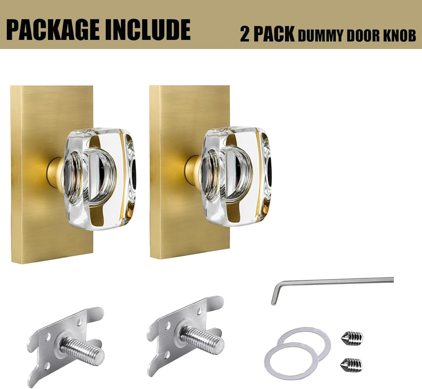 2 Pack Satin Brass Crystal Glass Dummy Door Knobs - Gold Closet Hall Rectangular Single Side Non-Turning Inactive Interior Knobs
