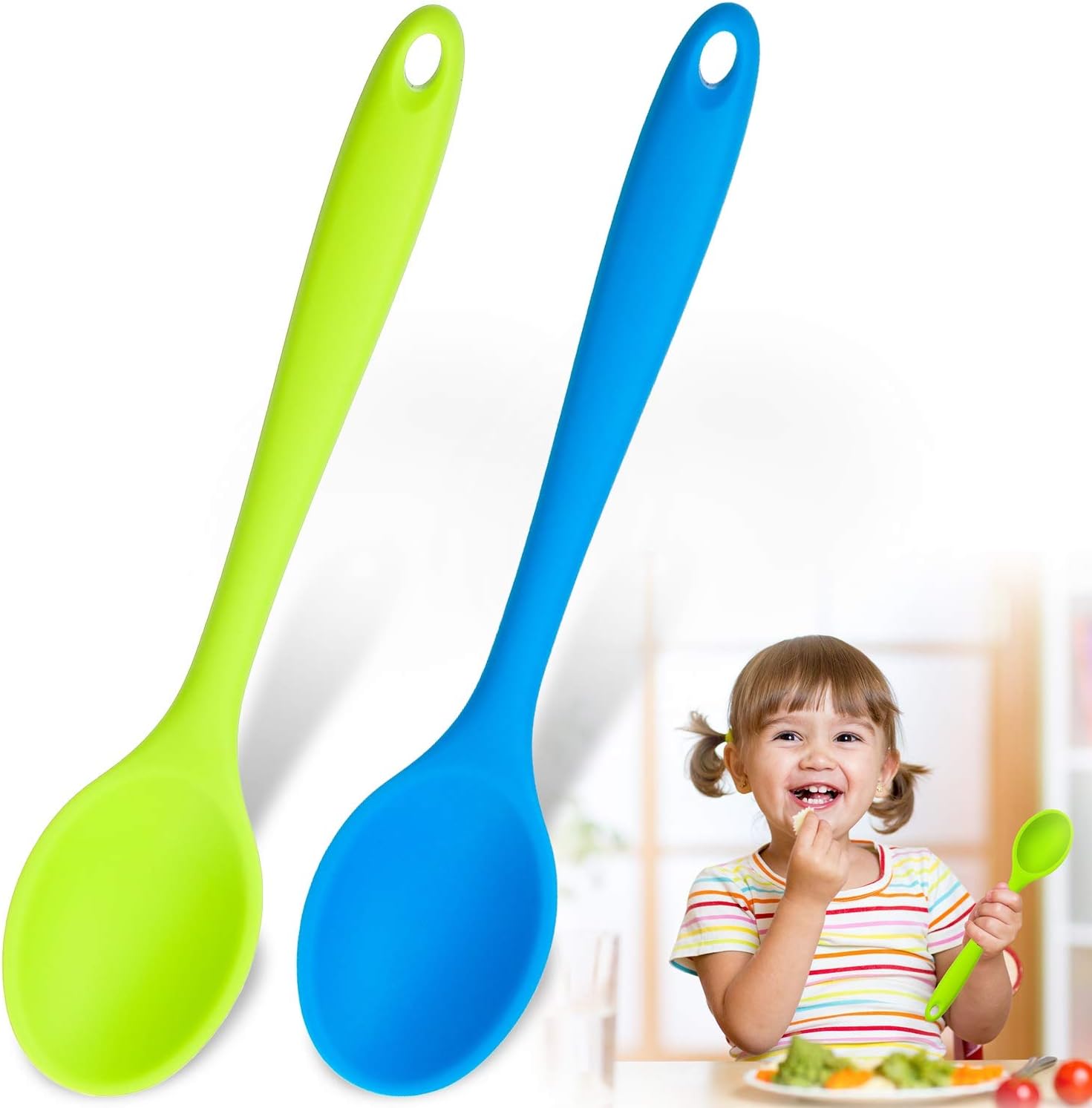 2-Pack Silicone Nonstick Serving Spoons for Kitchen Cooking and Baking - Slotted and Mixing Spoons in Blue and Green