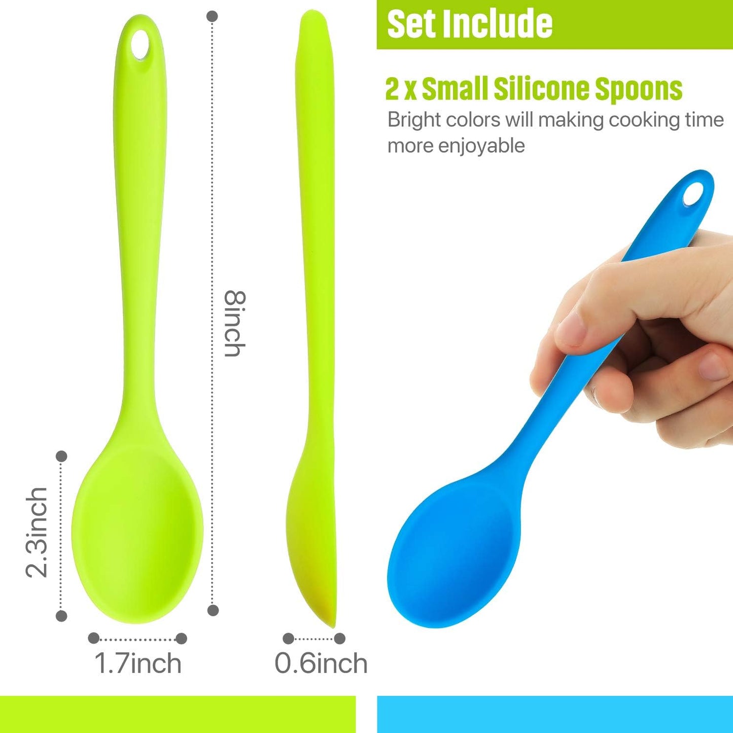 2-Pack Silicone Nonstick Serving Spoons for Kitchen Cooking and Baking - Slotted and Mixing Spoons in Blue and Green