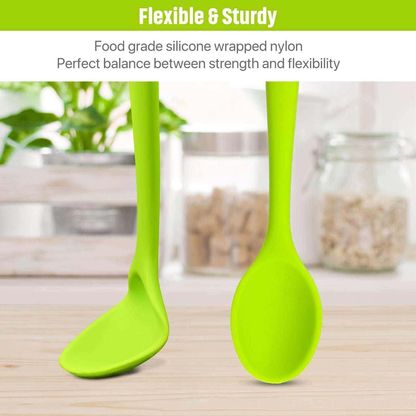 2-Pack Silicone Nonstick Serving Spoons for Kitchen Cooking and Baking - Slotted and Mixing Spoons in Blue and Green