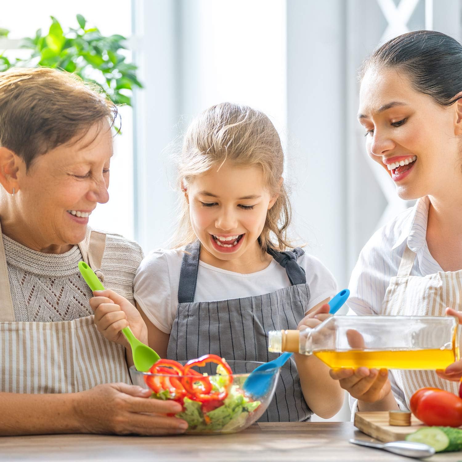 2-Pack Silicone Nonstick Serving Spoons for Kitchen Cooking and Baking - Slotted and Mixing Spoons in Blue and Green