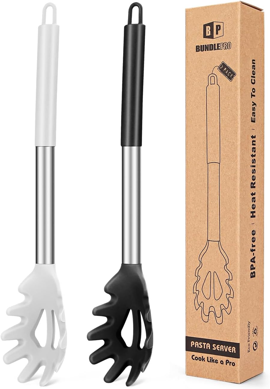 2-Pack Silicone Pasta Fork and Noodle Spoon Set - Heat Resistant Strainer and Server for Spaghetti - BPA Free Kitchen Cooking Tools - Black and White