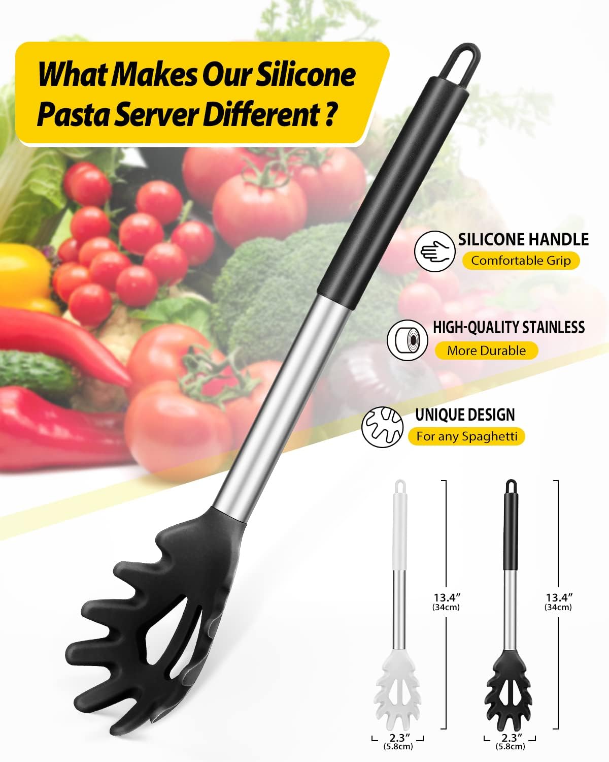 2-Pack Silicone Pasta Fork and Noodle Spoon Set - Heat Resistant Strainer and Server for Spaghetti - BPA Free Kitchen Cooking Tools - Black and White