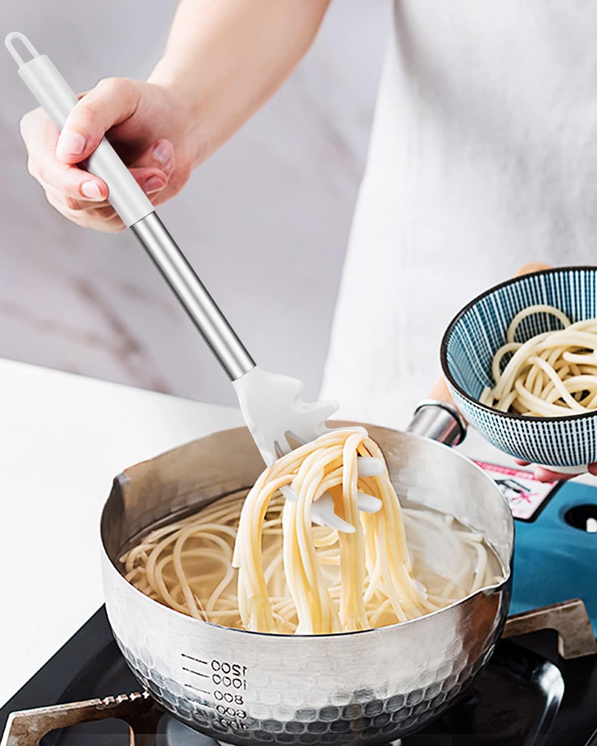 2-Pack Silicone Pasta Fork and Noodle Spoon Set - Heat Resistant Strainer and Server for Spaghetti - BPA Free Kitchen Cooking Tools - Black and White