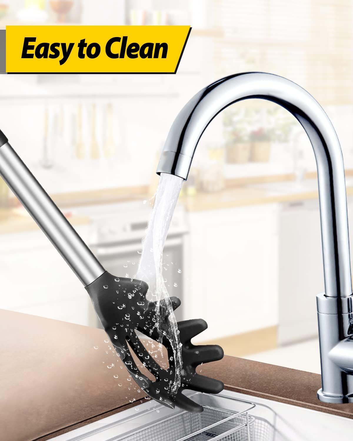 2-Pack Silicone Pasta Fork and Noodle Spoon Set - Heat Resistant Strainer and Server for Spaghetti - BPA Free Kitchen Cooking Tools - Black and White