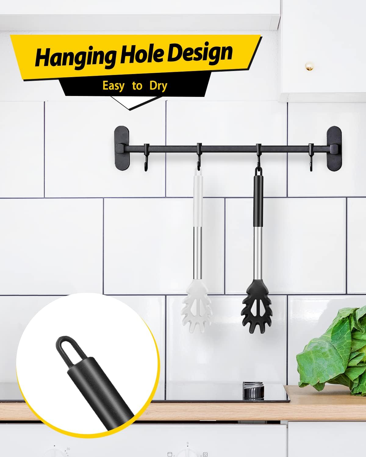 2-Pack Silicone Pasta Fork and Noodle Spoon Set - Heat Resistant Strainer and Server for Spaghetti - BPA Free Kitchen Cooking Tools - Black and White