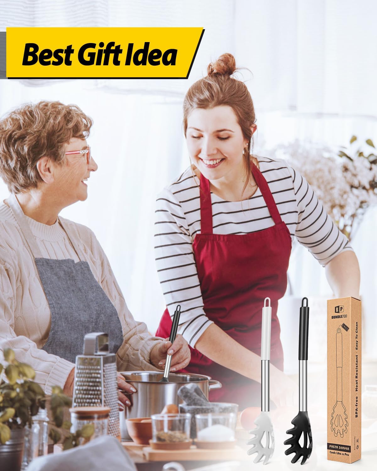 2-Pack Silicone Pasta Fork and Noodle Spoon Set - Heat Resistant Strainer and Server for Spaghetti - BPA Free Kitchen Cooking Tools - Black and White