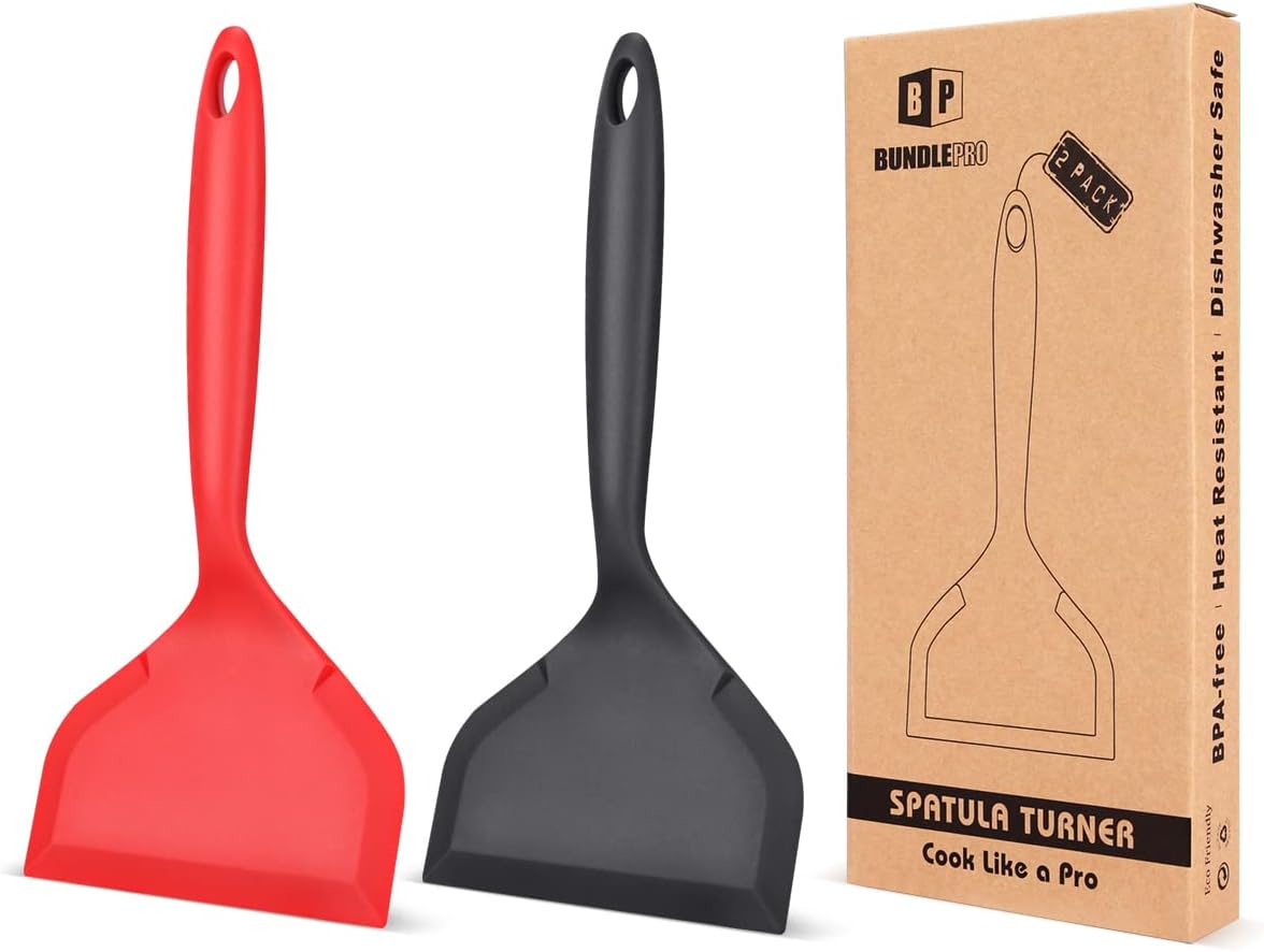 2 Pack Silicone Spatula Set - Nonstick Pancake Shovel & Flexible Turner - BPA Free Kitchen Cookware for Eggs, Cookies, Omelettes, Fish, Burgers