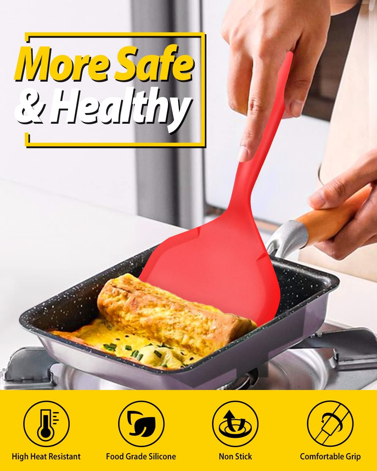 2 Pack Silicone Spatula Set - Nonstick Pancake Shovel & Flexible Turner - BPA Free Kitchen Cookware for Eggs, Cookies, Omelettes, Fish, Burgers