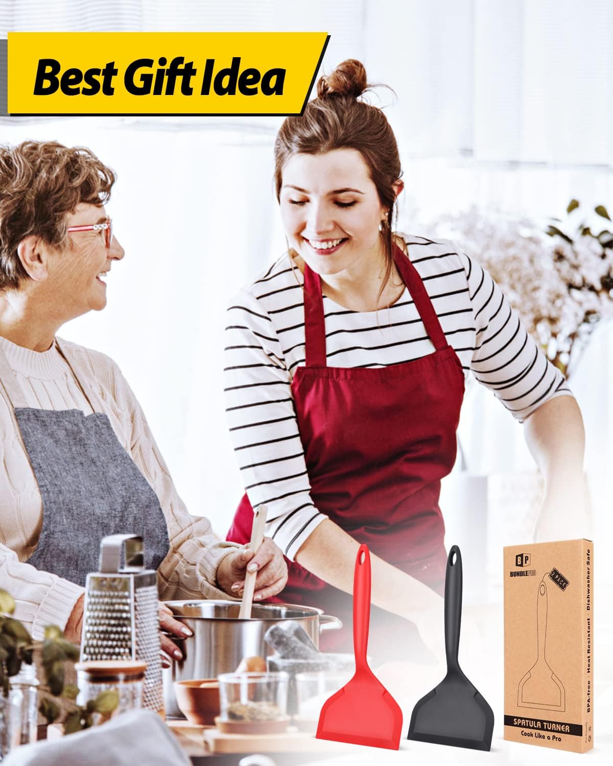 2 Pack Silicone Spatula Set - Nonstick Pancake Shovel & Flexible Turner - BPA Free Kitchen Cookware for Eggs, Cookies, Omelettes, Fish, Burgers