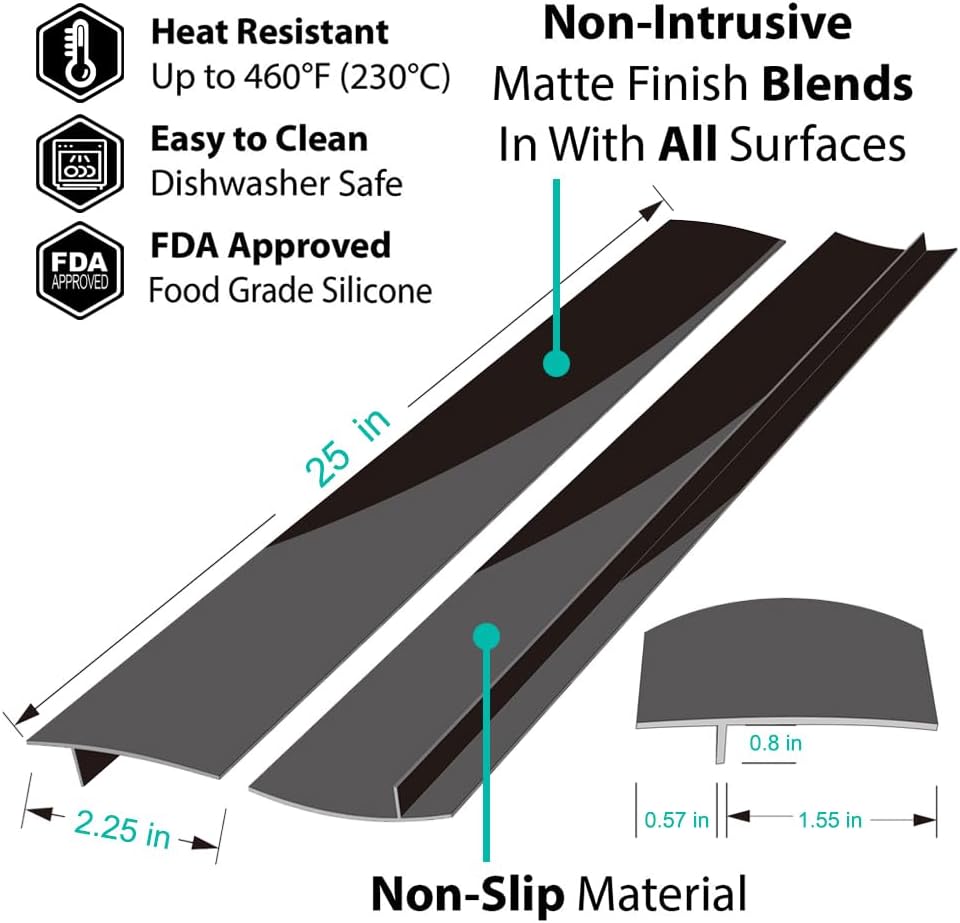 2 Pack Silicone Stove Counter Gap Cover - 25 Inch Kitchen Oven Gap Filler Strips - Easy Clean Countertop Guard (Black)