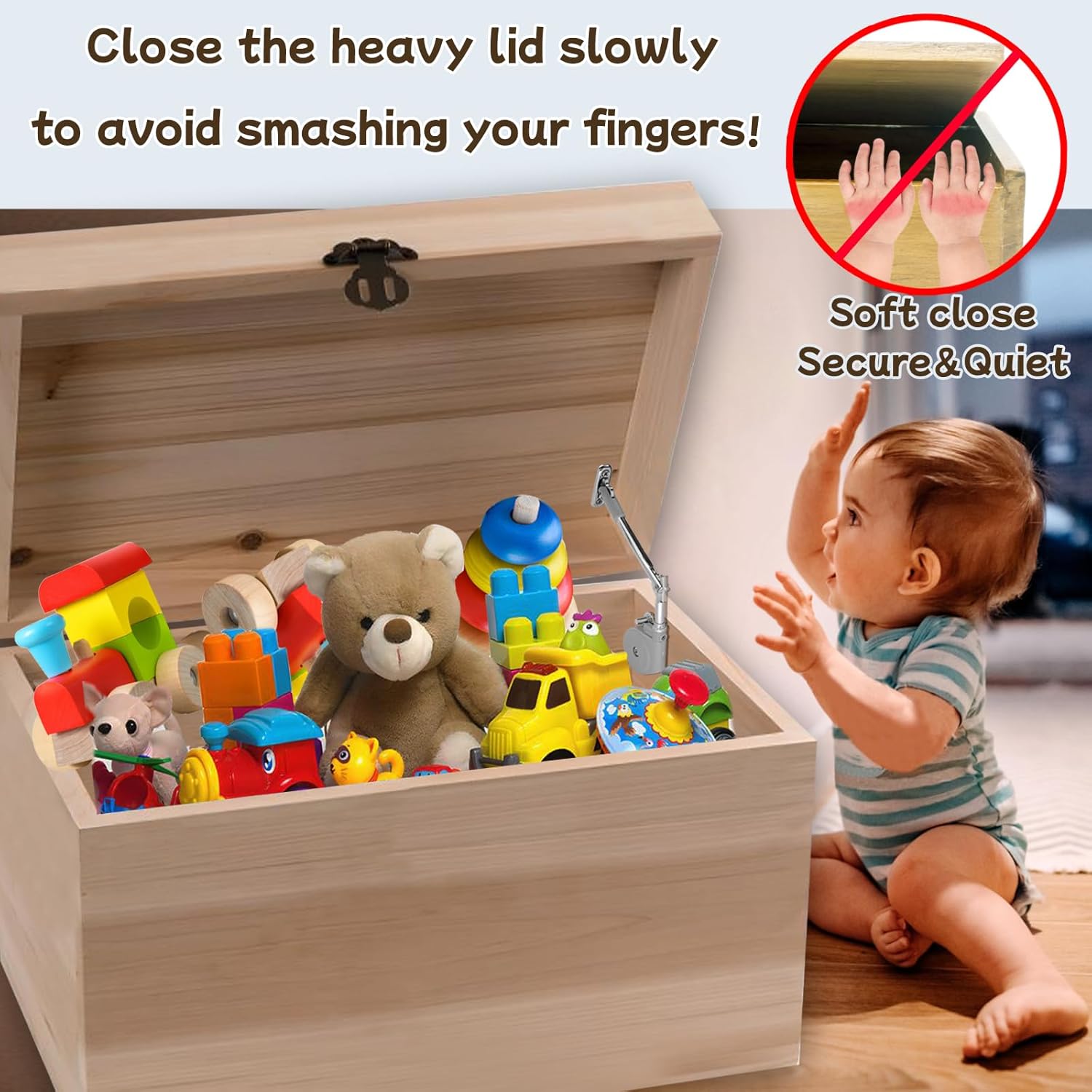 2 Pack Soft Close Hinges for Toy Boxes, Wooden Chests, Cedar Storage, Trunks, Benches - Tension Adjustable Cabinet Slow Close Hinges