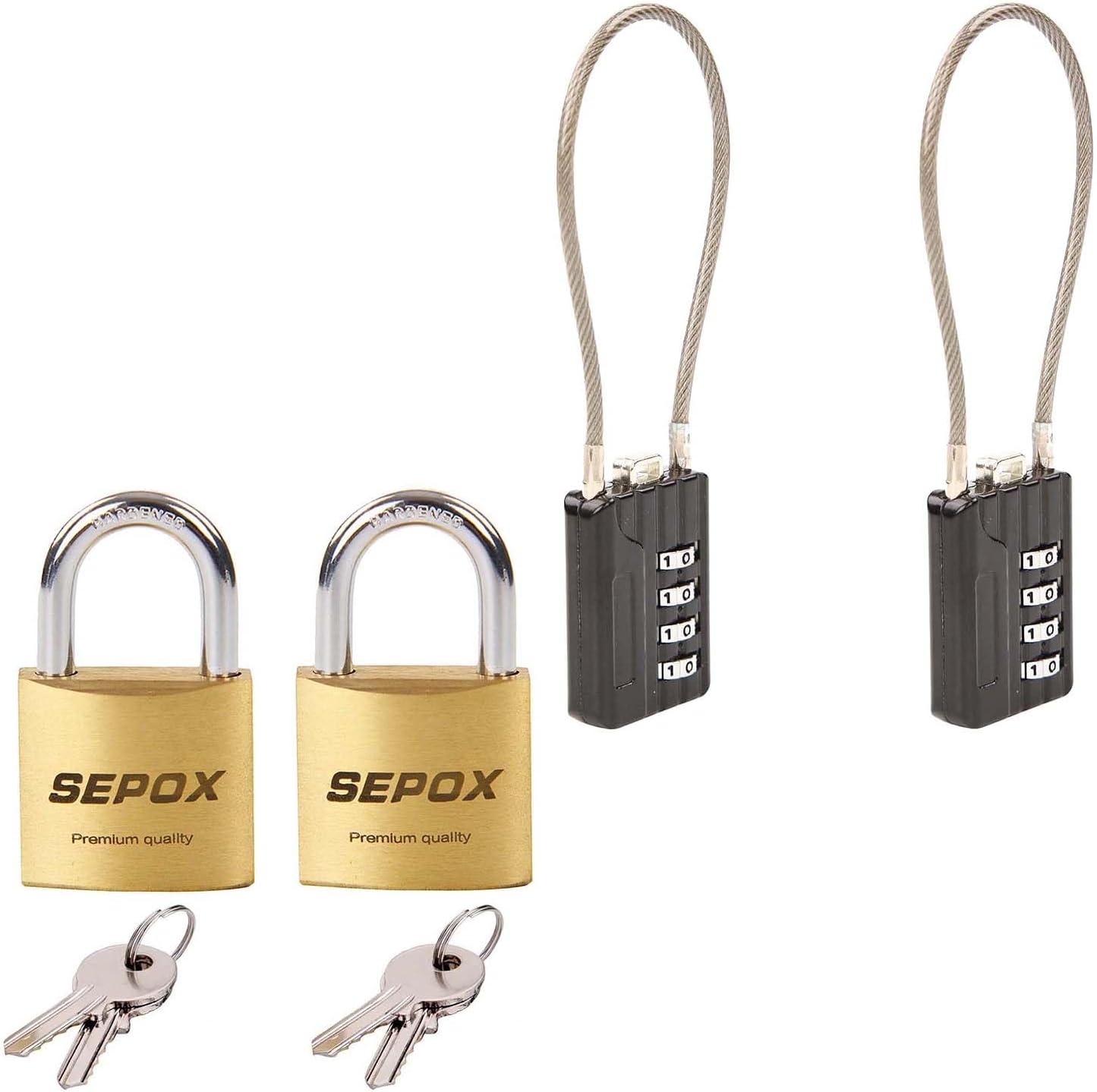 2-Pack Solid Brass Padlocks with Matching Keys and 4-Digit Combination Locks