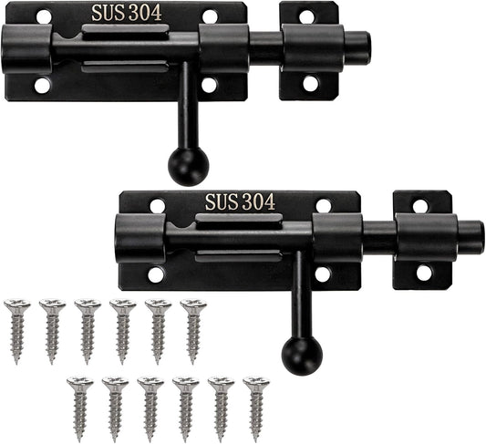 2 Pack Stainless Steel Door Bolt Latch with Padlock Hole - Heavy Duty Slide Lock for Wine Cabinet, Bathroom, Garage, Closet