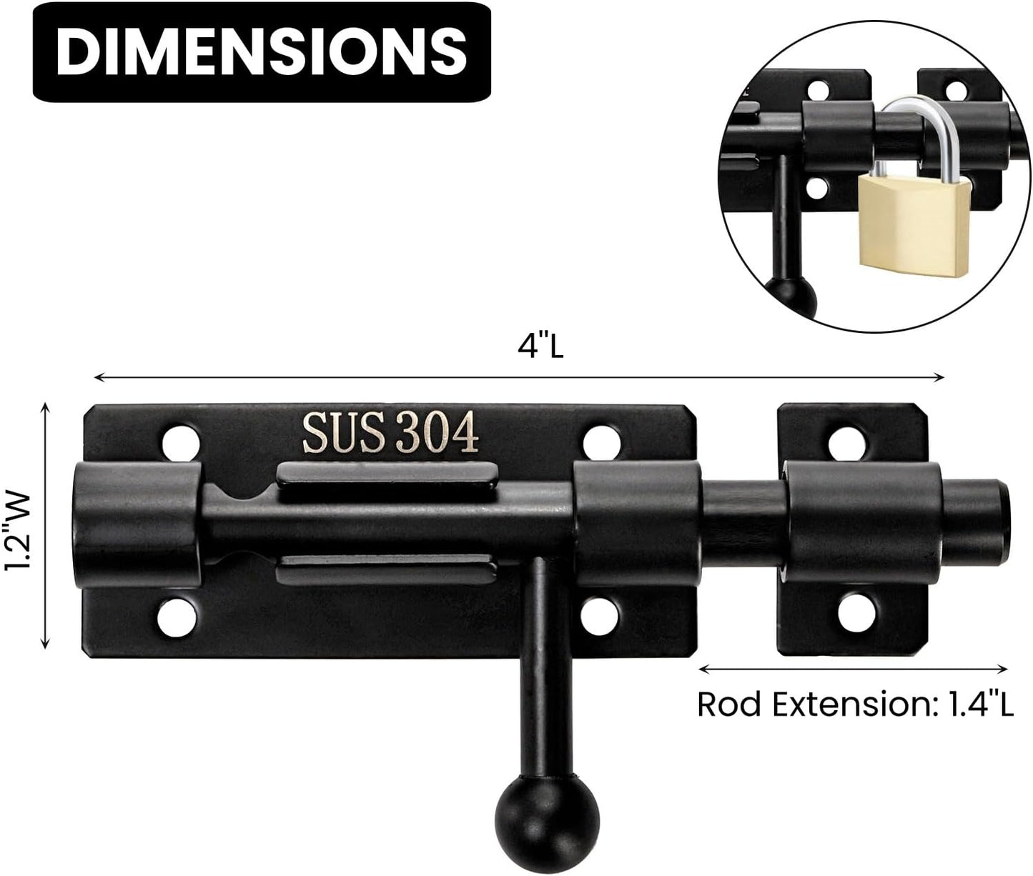 2 Pack Stainless Steel Door Bolt Latch with Padlock Hole - Heavy Duty Slide Lock for Wine Cabinet, Bathroom, Garage, Closet
