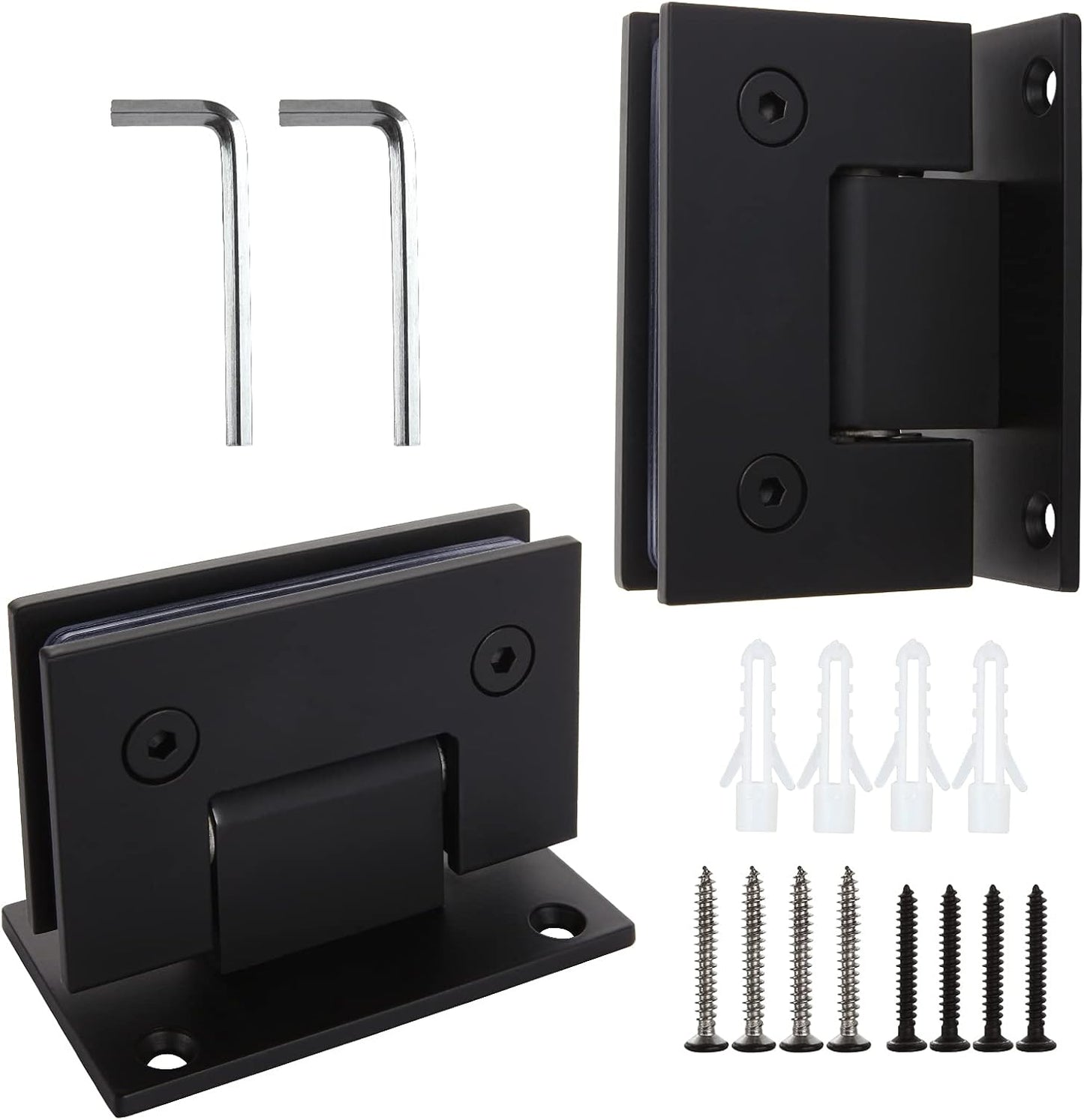 2-Pack Stainless Steel Glass Shower Door Hinges, 90 Degree Replacement Parts with Mounting Hardware - Black Finish for 3/8” to 1/2” Glass - WildKart