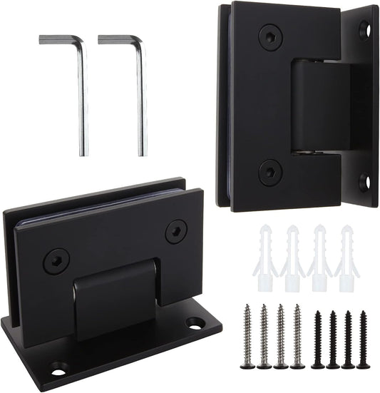 2-Pack Stainless Steel Glass Shower Door Hinges, 90 Degree Replacement Parts with Mounting Hardware - Black Finish for 3/8” to 1/2” Glass - WildKart