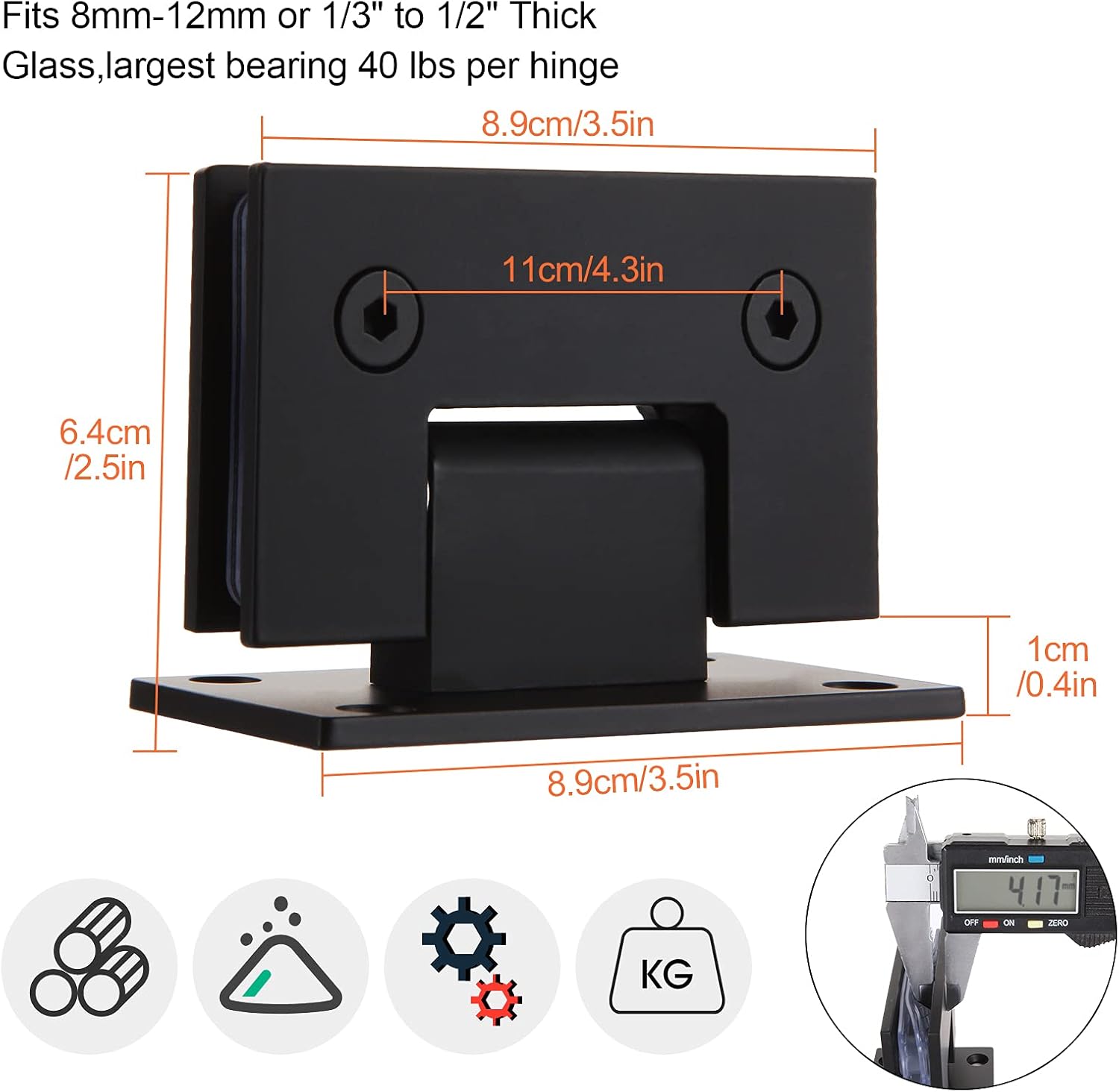 2-Pack Stainless Steel Glass Shower Door Hinges, 90 Degree Replacement Parts with Mounting Hardware - Black Finish for 3/8” to 1/2” Glass - WildKart