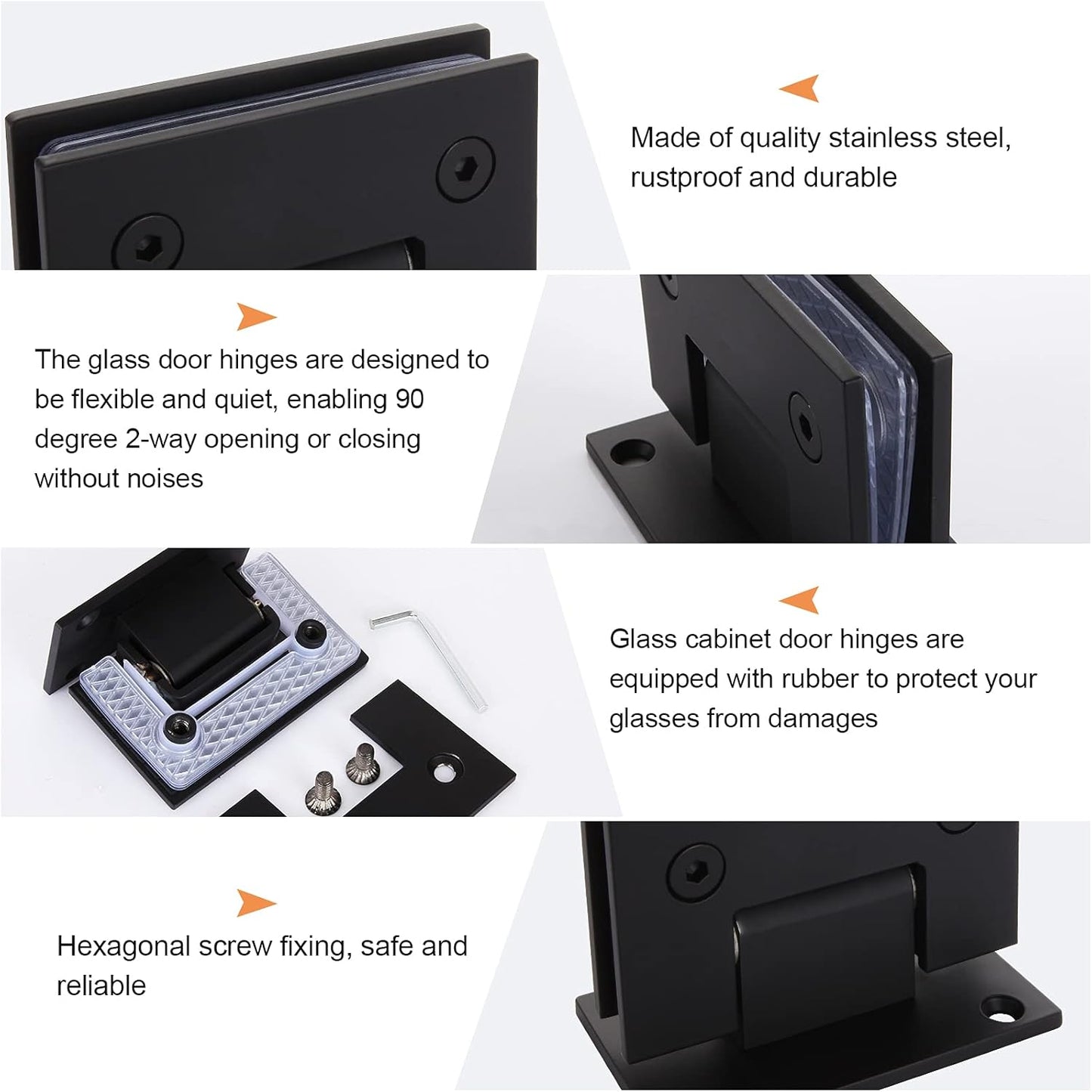 2-Pack Stainless Steel Glass Shower Door Hinges, 90 Degree Replacement Parts with Mounting Hardware - Black Finish for 3/8” to 1/2” Glass - WildKart