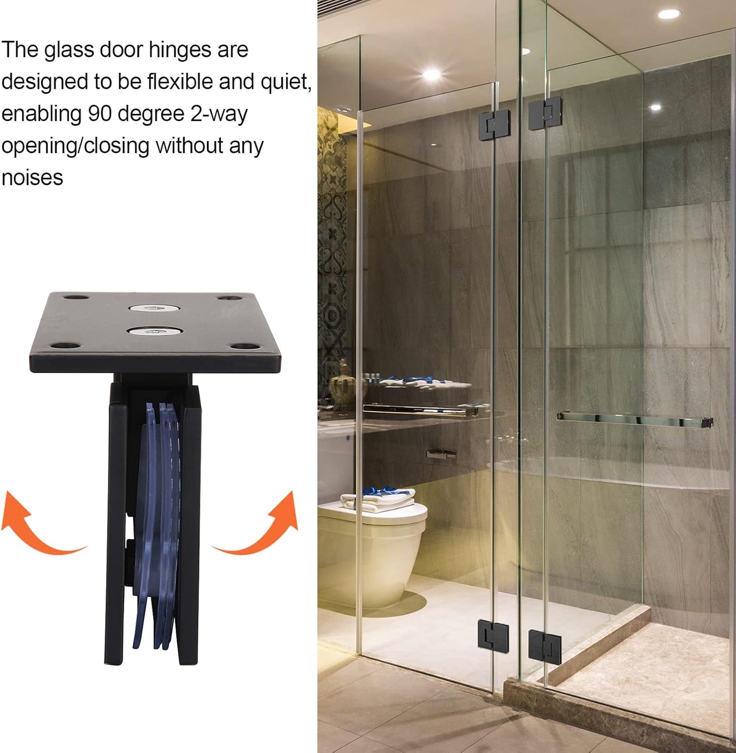 2-Pack Stainless Steel Glass Shower Door Hinges, 90 Degree Replacement Parts with Mounting Hardware - Black Finish for 3/8” to 1/2” Glass - WildKart