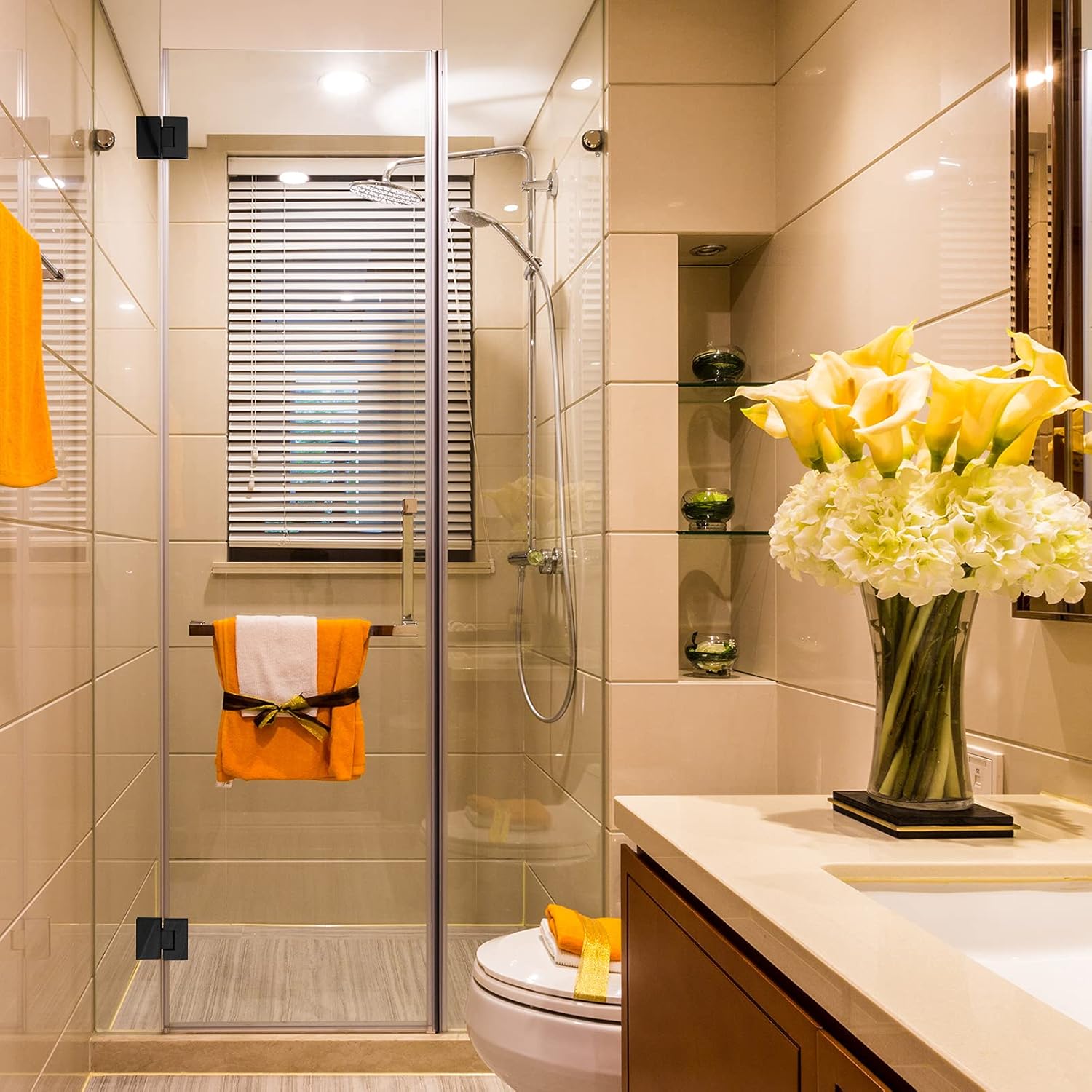 2-Pack Stainless Steel Glass Shower Door Hinges, 90 Degree Replacement Parts with Mounting Hardware - Black Finish for 3/8” to 1/2” Glass - WildKart