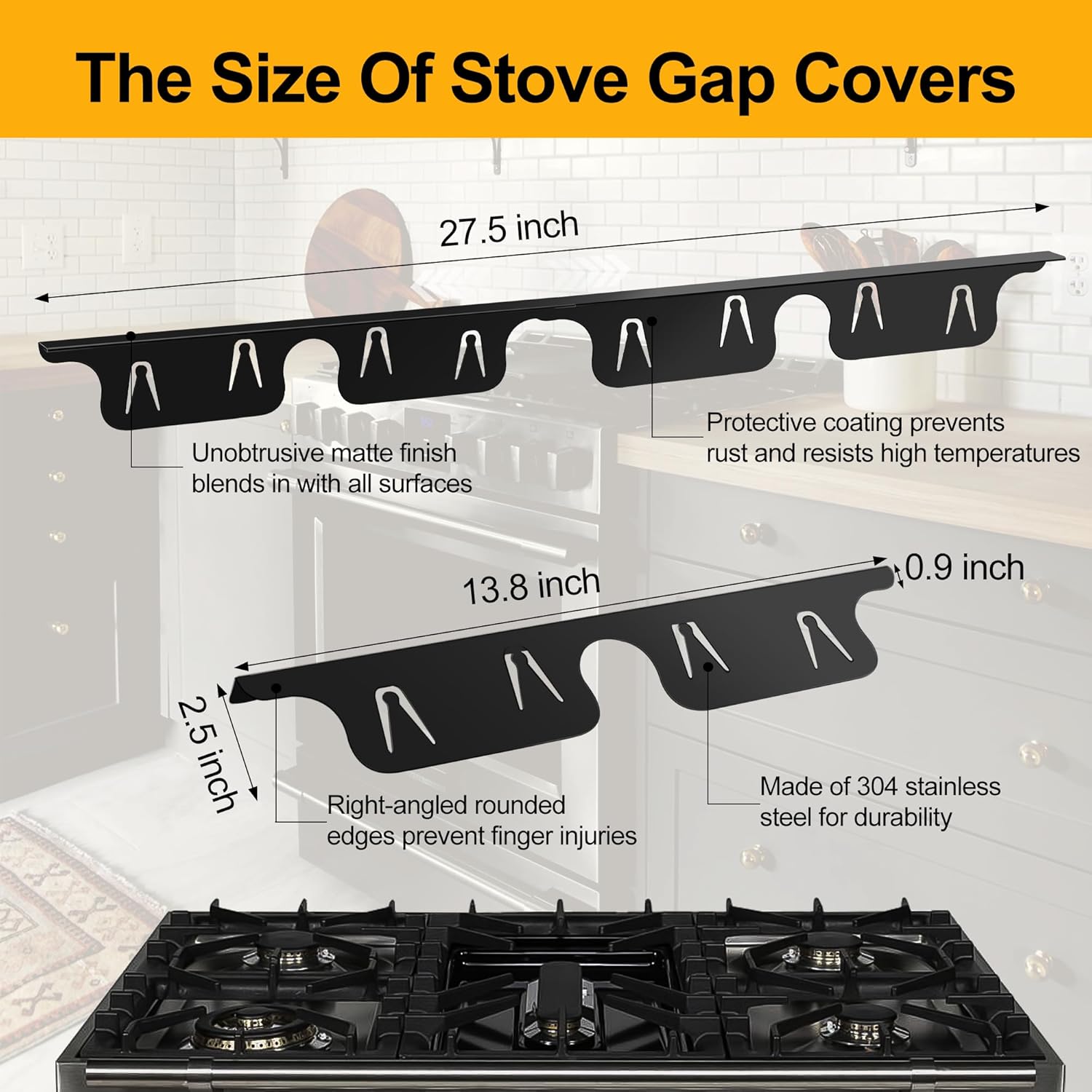 2 Pack Stove Gap Covers by NISHCON - Heat Resistant Stainless Steel Filler for Stove and Counter - Easy to Clean Gap Cover (13.8"-27.5",Black)