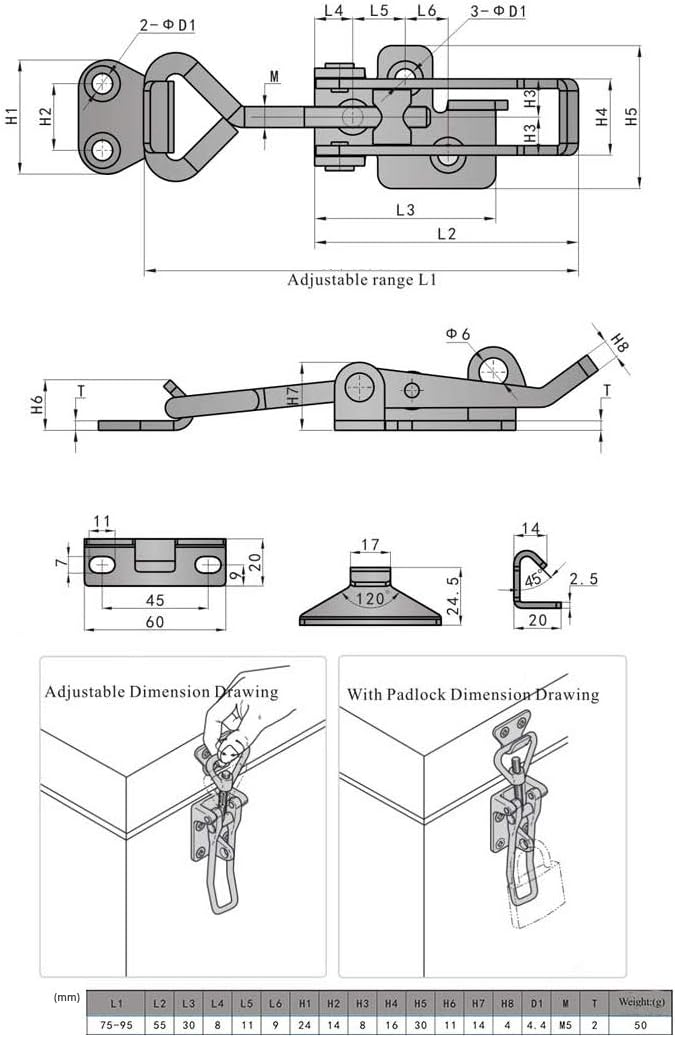 2 Pack SYINE Adjustable Buckle Cabinet Boxes Lever Handle Toggle Catch Latch Lock, SK-1S, 75-95mm Range, with Screws