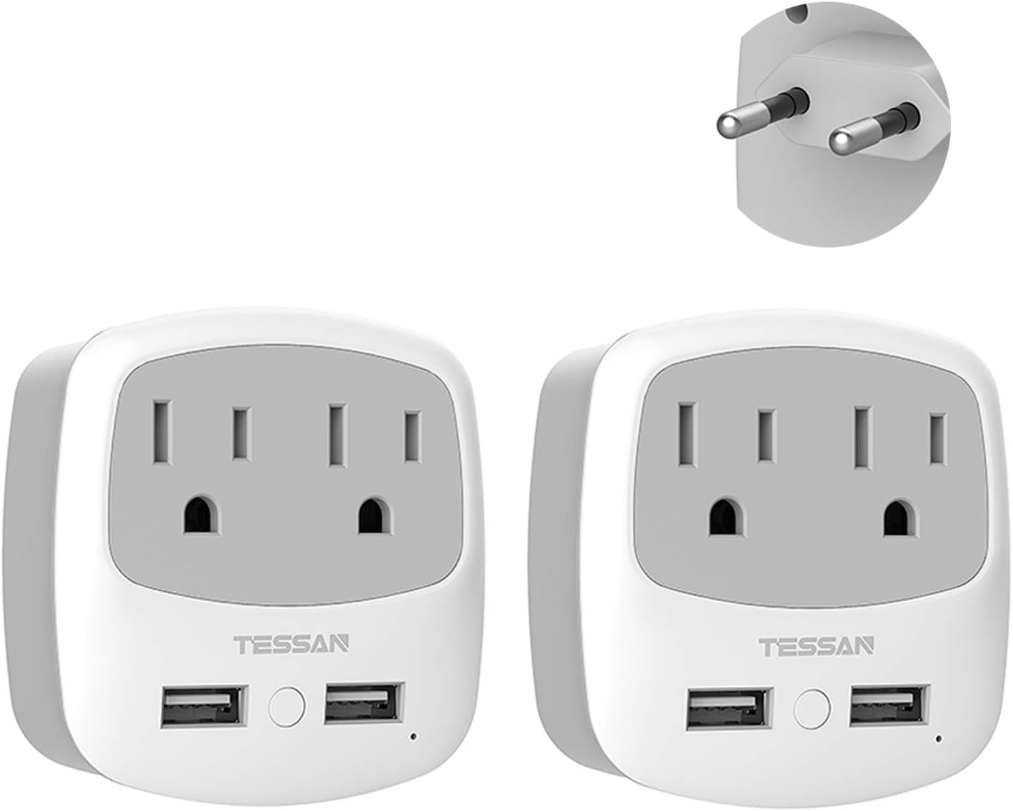 2 Pack TESSAN European Travel Plug Adapter with 2 USB Ports and 2 AC Outlets for USA to Europe, International Charger Converter for EU Italy Spain France Germany
