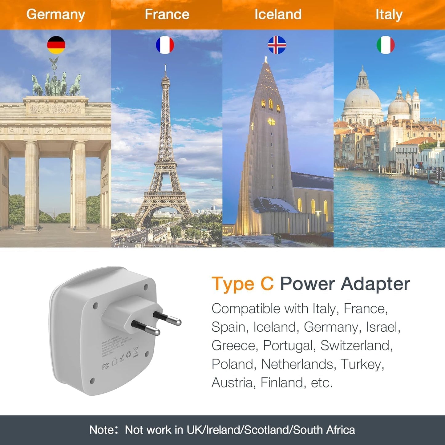 2 Pack TESSAN European Travel Plug Adapter with 2 USB Ports and 2 AC Outlets for USA to Europe, International Charger Converter for EU Italy Spain France Germany