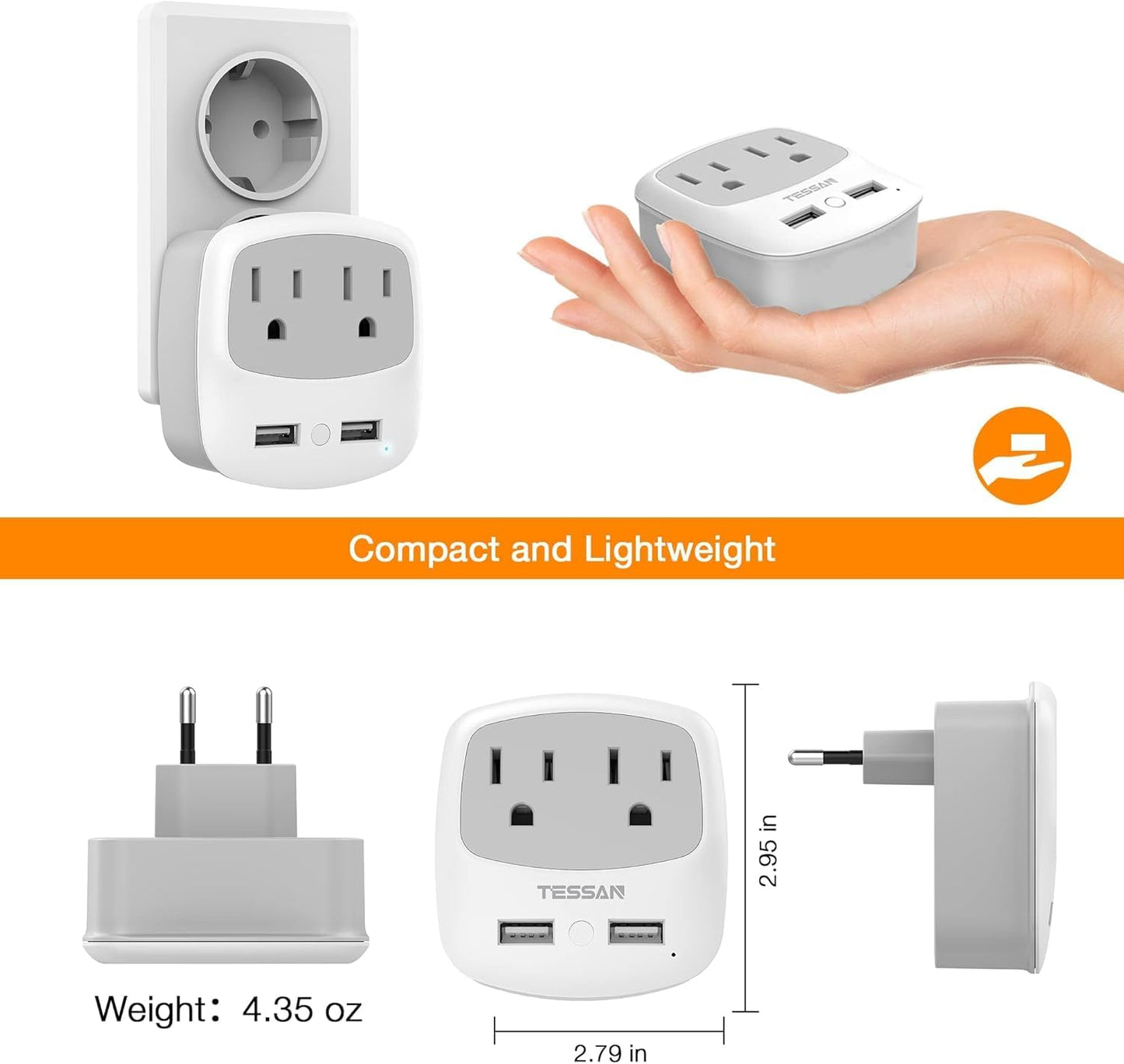 2 Pack TESSAN European Travel Plug Adapter with 2 USB Ports and 2 AC Outlets for USA to Europe, International Charger Converter for EU Italy Spain France Germany