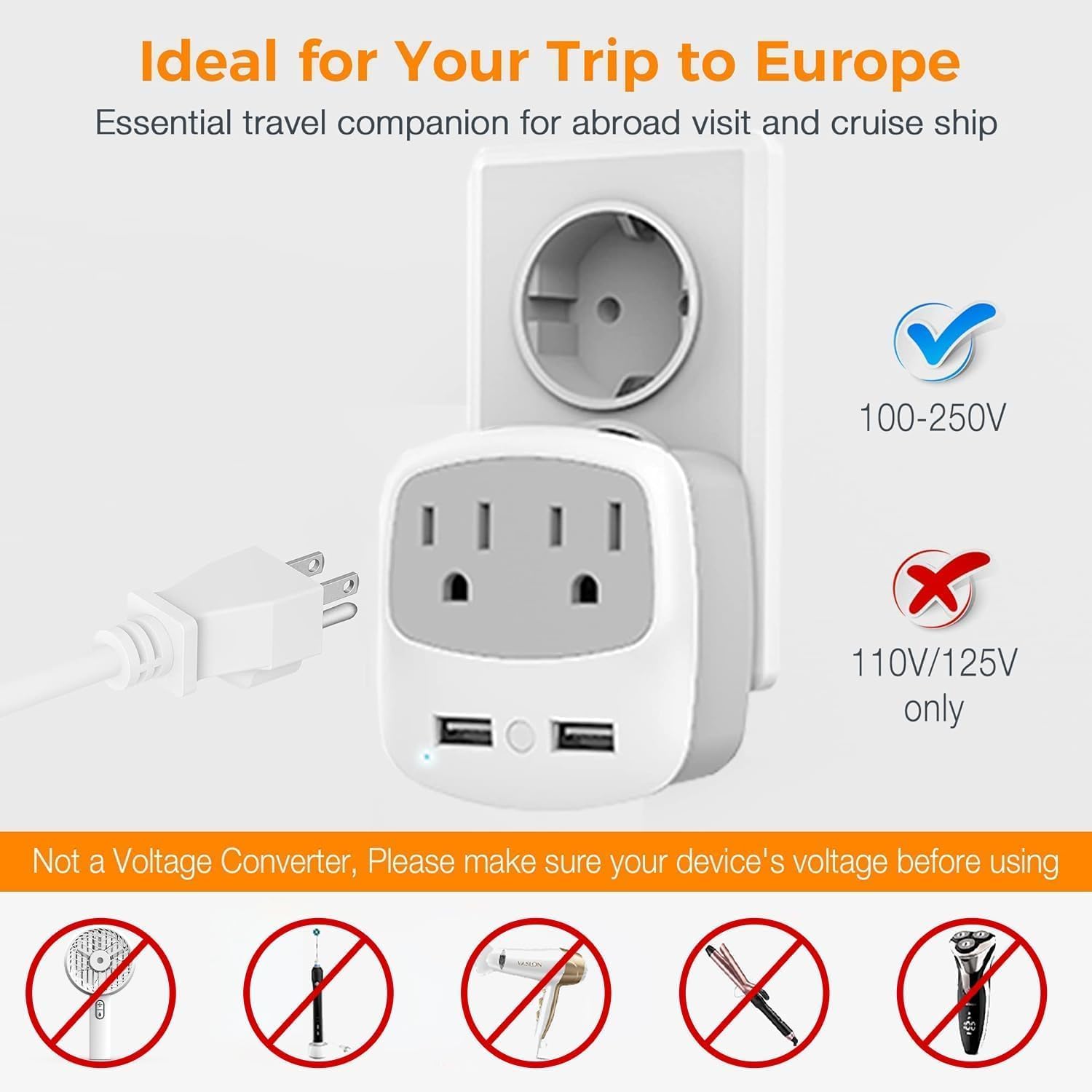 2 Pack TESSAN European Travel Plug Adapter with 2 USB Ports and 2 AC Outlets for USA to Europe, International Charger Converter for EU Italy Spain France Germany