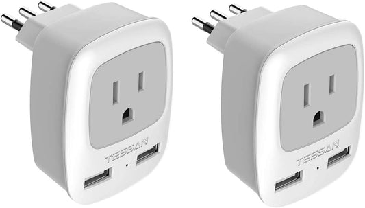 2 Pack TESSAN Grounded Plug Converter with Dual USB Ports for US to Italy, Chile, Uruguay - Type L Outlet Adaptor - Italy Travel Power Adapter